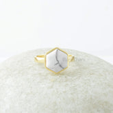 White Howlite Ring, White Howlite 10mm Hexagon Gemstone Ring, 18k Gold Plated Ring, Silver Ring, Gemstone Jewelry, jewelry Gift For Mother
